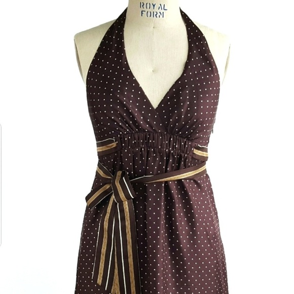 BCBGMaxAzria Dresses & Skirts - BCBG Max Azria Polka Dot Halter Silk Dress Color Brown / Cream Size 4
